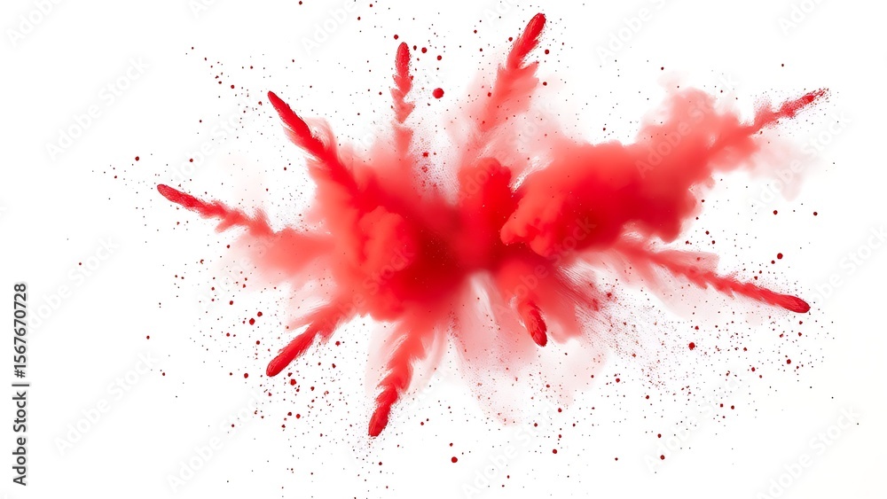 A festive explosion of red powder in mid-air against a clean white background. A festive explosion of red powder in mid-air against a clean white background.