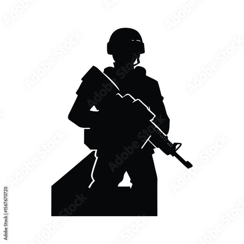 A stark minimalist graphic design featuring a soldier holding a rifle military weapon