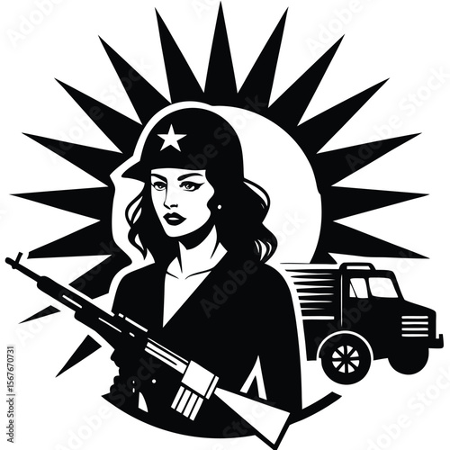 Woman soldier holding rifle with truck and sunburst military