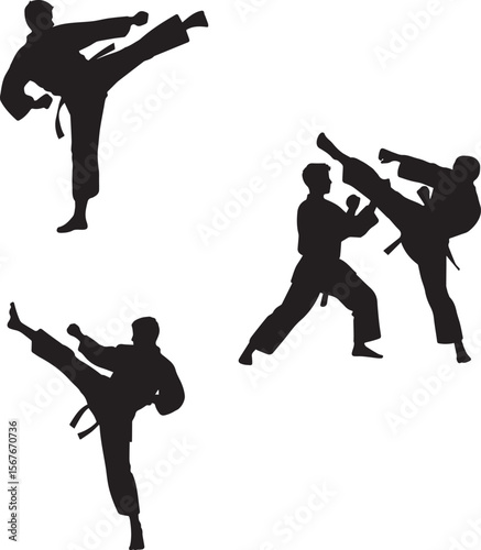 Silhouette of Martial Artists Performing High Kicks and Sparring - Action-Packed Karate and Taekwondo Illustration for Sports, Fitness, and Combat Art Themes