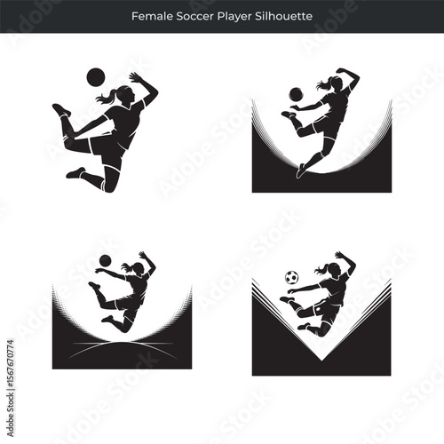 Dynamic black silhouette of a female soccer player kicking or heading the soccer ball