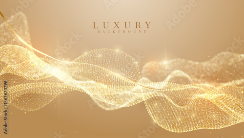 Golden luxury wave background and Abstract glitter particle glow, Smooth diamond sparkle gold flow. award ceremony scene concept. Vector illustrations.