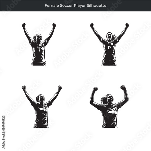 Collection of winning silhouette illustrations featuring a female soccer player celebrating victory