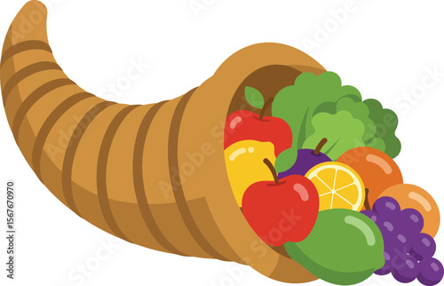 Cornucopia overflowing with a variety of fruits and vegetables, symbolizing abundance and harvest.