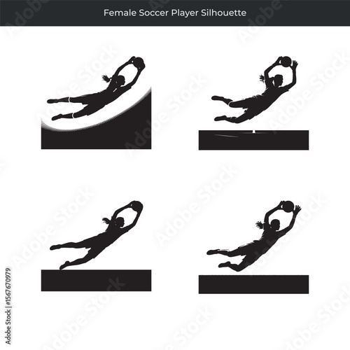 Dynamic black silhouette of a female soccer player making a diving save illustration