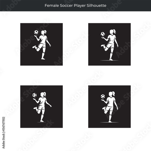 Four silhouettes of a dynamic female soccer player kicking a ball in various poses