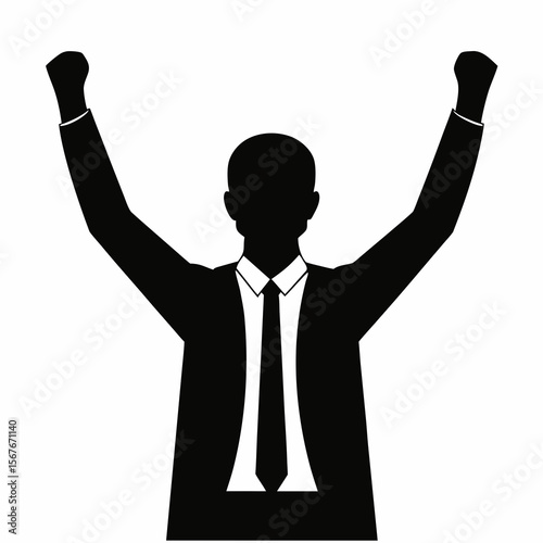 Black silhouette of a man in a suit celebrating businessman
