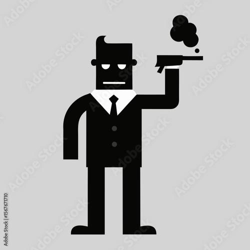 Black suited man holding smoking gun white shirt