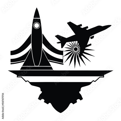 Black silhouette rocket jet engine sun abstract design vector