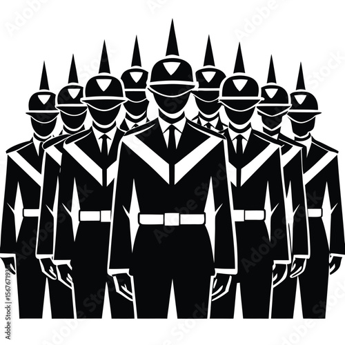 Black uniformed figures with spiked helmets white military