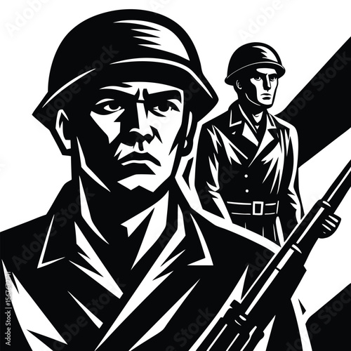 Bold graphic illustration of soldiers in black and white military uniform