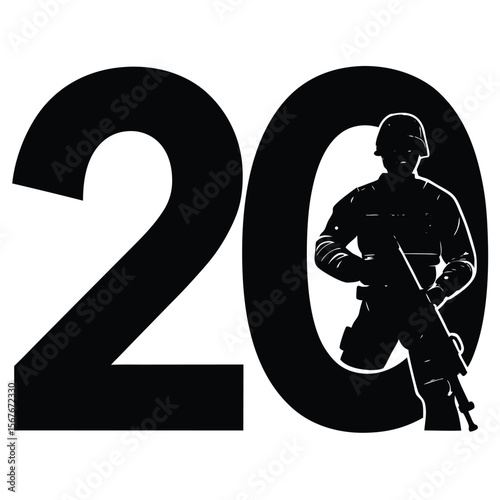 Bold soldier silhouette holding rifle within number twenty weapon military