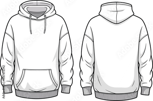 Blank White Oversized Hoodie CAD Drawing Flat Vector Illustration for Apparel Design and Fashion Mockups, Streetwear Style, Customizable Template