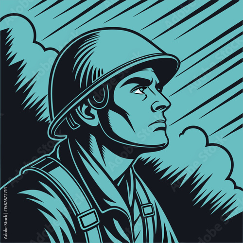 Determined soldier looking forward helmet uniform