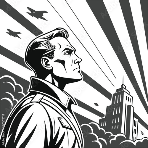 Determined man gazes skyward with aircraft and city profile looking
