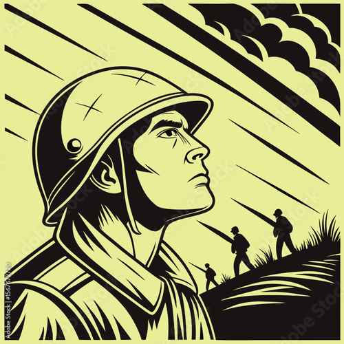 Determined soldier looking up at sky with troops advancing helmet uniform