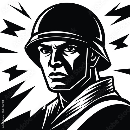 Determined soldier wearing helmet with sharp background elements portrait black