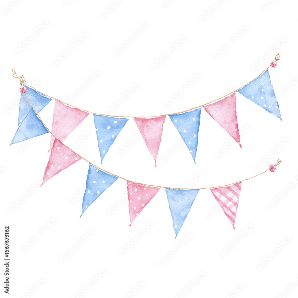 Fototapeta premium Pastel Pink and Blue Bunting, Festive Party Decor, Watercolor Style