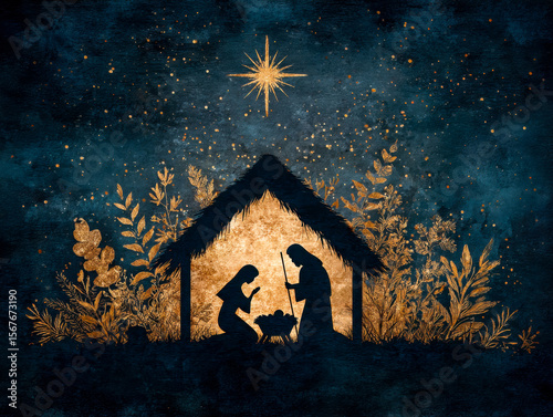 Nativity scene illuminated by celestial star against a starry sky with golden foliage decorations