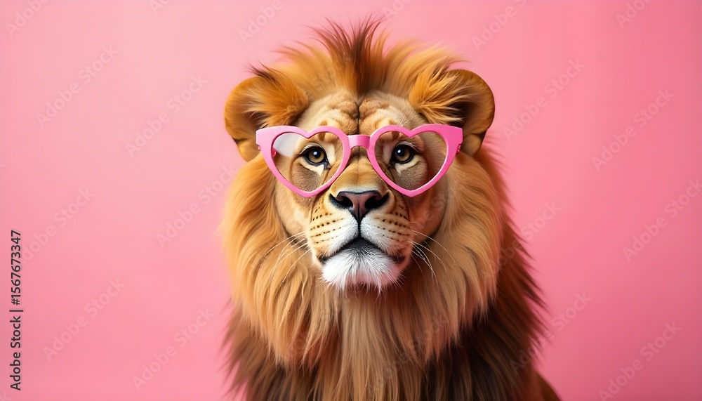 Obraz premium A stylish lion wearing heart shaped glasses, set against a soft pink background, perfect for lion day