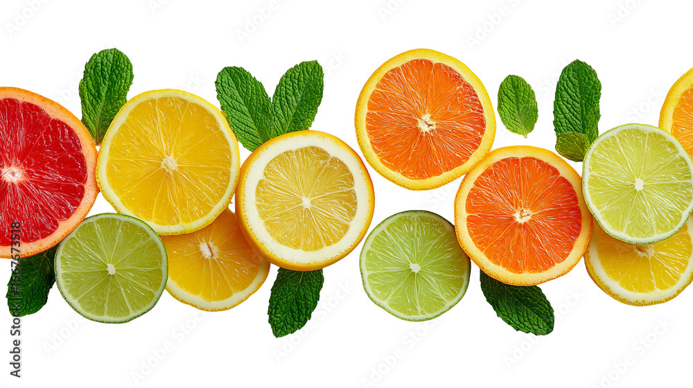 Flat lay of sliced citrus fruits with mint leaves, vibrant summer mood, white background, PNG format Flat lay of sliced citrus fruits with mint leaves, vibrant summer mood, white background, PNG format
