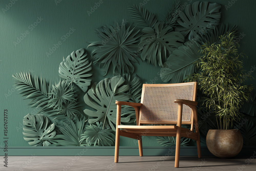 Modern 3D tropical leaf wallpaper in deep green shades, featuring overlapping monstera and palm textures with soft shadows. Wooden rattan chair and indoor plant beside wall. Modern 3D tropical leaf wallpaper in deep green shades, featuring overlapping monstera and palm textures with soft shadows. Wooden rattan chair and indoor plant beside wall.