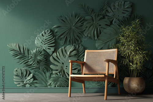 Modern 3D tropical leaf wallpaper in deep green shades, featuring overlapping monstera and palm textures with soft shadows. Wooden rattan chair and indoor plant beside wall.