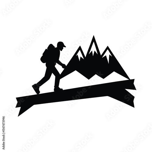 Silhouette of hiker crossing a banner with mountains