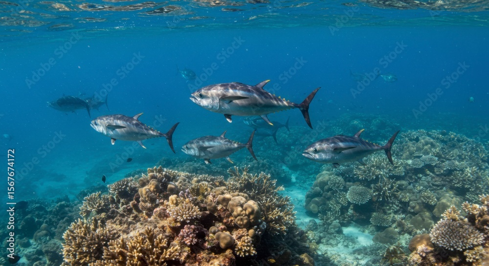 Fototapeta premium Tuna school in coral reef