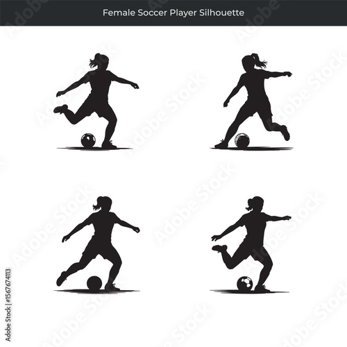 Dynamic silhouettes of a female soccer player kicking and dribbling with a soccer ball
