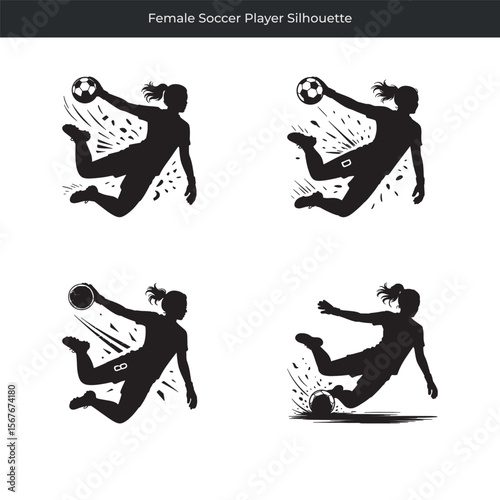 Dynamic action poses of a female soccer player in silhouette engaging with the football