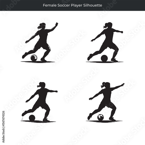 Dynamic silhouette collection of four female soccer player poses with soccer ball on white background