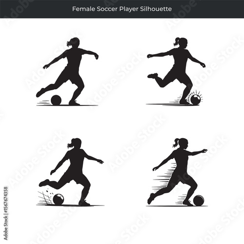 Dynamic silhouette illustrations of a female soccer player kicking and controlling the soccer ball