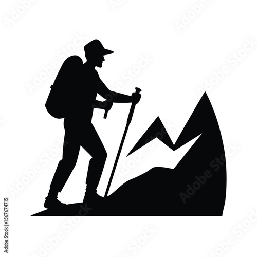 Silhouette of hiker with backpack and trekking pole on mountain