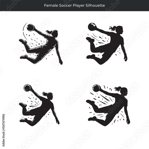 Dynamic silhouettes of a female soccer player kicking the ball in mid air action