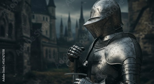 A knight in shining armor, stands vigilantly with sword, amidst a medieval castle. Cloudy sky adds atmosphere