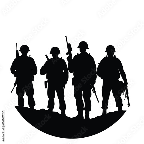 Silhouette soldiers holding rifles on curved ground helmets standing