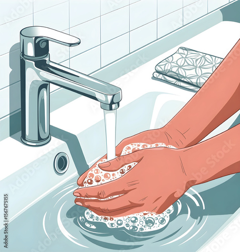 Hands Washing with Soap Under Modern Faucet