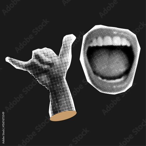 Halftone collage elements -screaming mouth and hand gesture 