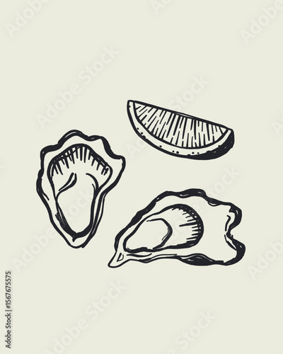 Hand drawn seafood poster in Mediterranean style featuring lobster, sardines, oysters, shrimps, and lemon. Vintage blue line art perfect for restaurant menus and gourmet branding.
