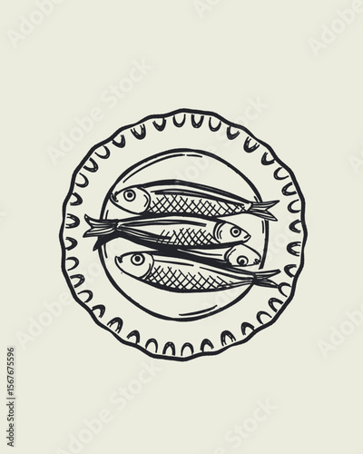 Hand drawn seafood poster in Mediterranean style featuring lobster, sardines, oysters, shrimps, and lemon. Vintage blue line art perfect for restaurant menus and gourmet branding.