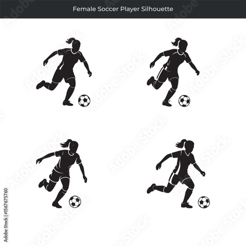 Silhouette illustrations of female soccer players kicking and dribbling a soccer ball