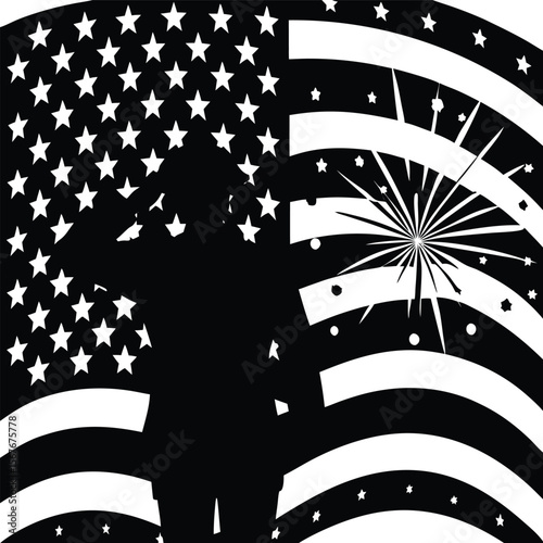 Soldier saluting against american flag with fireworks salute stars