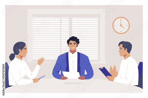 Three diverse professionals in a meeting discussing documents and smiling