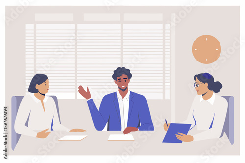 Diverse business professionals in a meeting discussing plans around a table