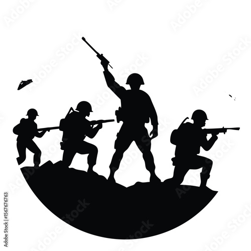 Soldiers advancing desert landscape military advance