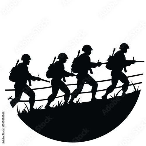Soldiers advancing through grass and fence silhouette black