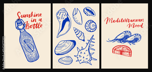 Italian cuisine and sea inspired poster set with pasta, seafood, wine, lemons, shells, herbs and decorative blue tiles in flat cartoon vector style, Mediterranean kitchen wall art prints