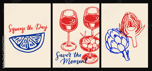 Italian cuisine and sea inspired poster set with pasta, seafood, wine, lemons, shells, herbs and decorative blue tiles in flat cartoon vector style, Mediterranean kitchen wall art prints