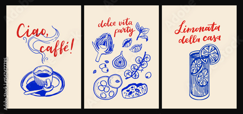 Italian cuisine and sea inspired poster set with pasta, seafood, wine, lemons, shells, herbs and decorative blue tiles in flat cartoon vector style, Mediterranean kitchen wall art prints